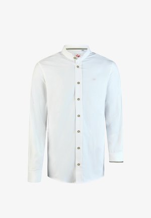 Chemise blanche à manches longues avec col mandarin, boutons sur le devant et logo brodé subtil sur la poitrine gauche.