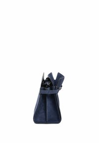 Borsa in suede blu navy con forma strutturata, caratterizzata da una parte superiore angolata, dettagli di cucitura e due manici superiori per il trasporto.