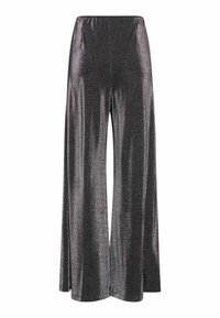 Sprankelende zwarte wijde broeken met een elastische tailleband, gemaakt van een glanzende, gestructureerde stof die licht weerkaatst.