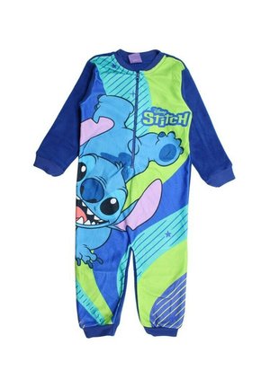 Grenouillère bleue Disney Stitch avec des accents verts, présentant un grand motif de Stitch à l'avant, fermeture éclair et poignets côtelés. Tissu doux.