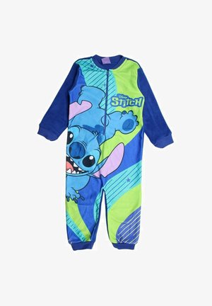 Grenouillère bleue Disney Stitch avec des accents verts, présentant un grand motif de Stitch à l'avant, fermeture éclair et poignets côtelés. Tissu doux.