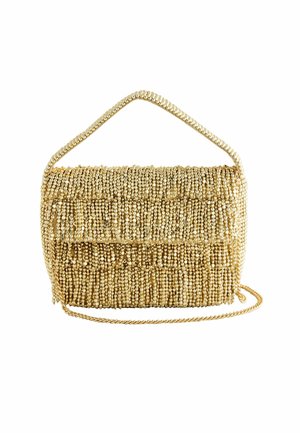 Goldfarbene Handtasche mit Klappenverschluss, Seilriemen und franjiertem Textur. Verfügt über kleine, reflektierende Perlen für ein detailliertes Design.