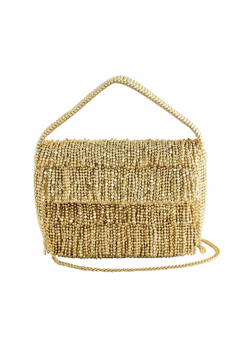 Goldfarbene Handtasche mit Klappenverschluss, Seilriemen und franjiertem Textur. Verfügt über kleine, reflektierende Perlen für ein detailliertes Design.