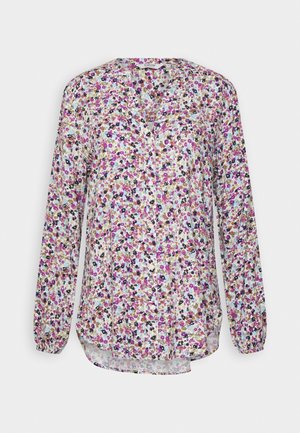 Blomstret bluse med lange ærmer, V-hals og knaplukning foran. Lavet af et letvægtsstof med et farverigt blomsterprint.