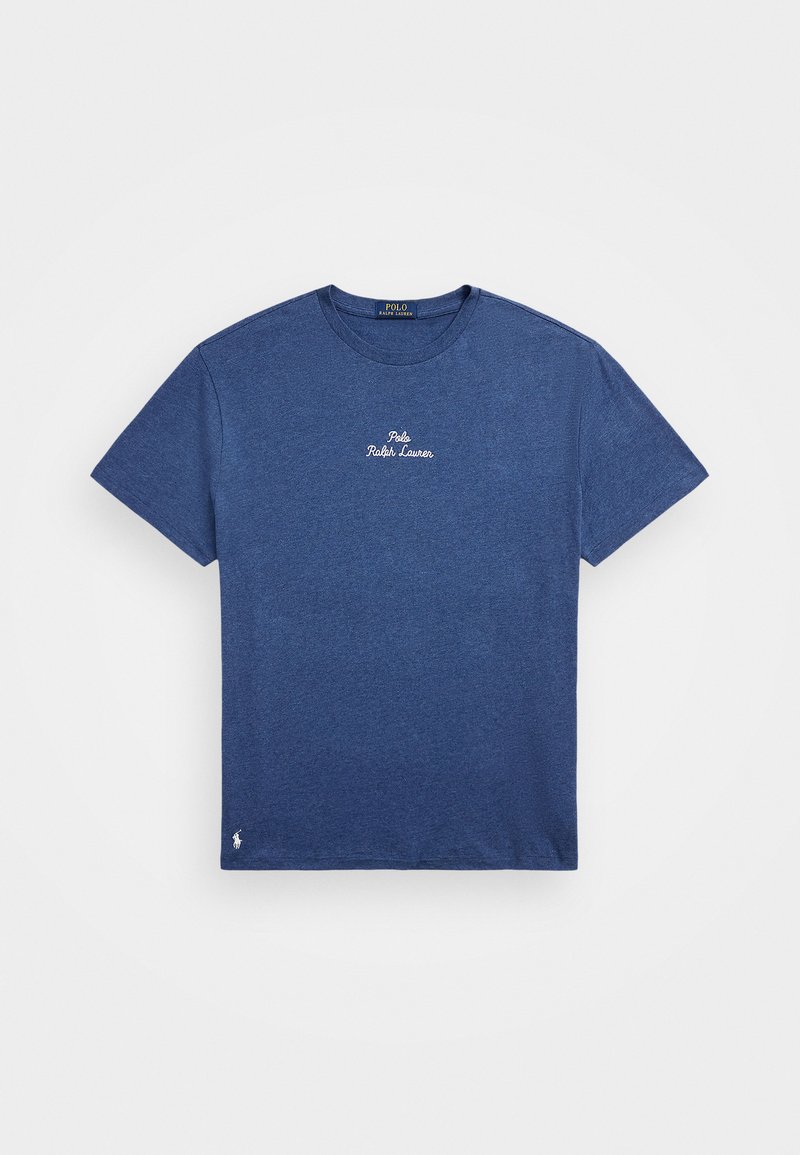 T-shirt en coton bleu marine à manches courtes, col rond, avec "Polo Ralph Lauren" brodé en blanc sur la poitrine. Petit logo en bas.