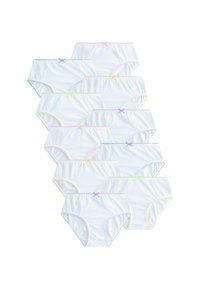 Mutande in cotone bianco con fasce in colore pastello a contrasto e fiocchetti in rosa, blu, giallo e verde. Presentano un design classico a slip.