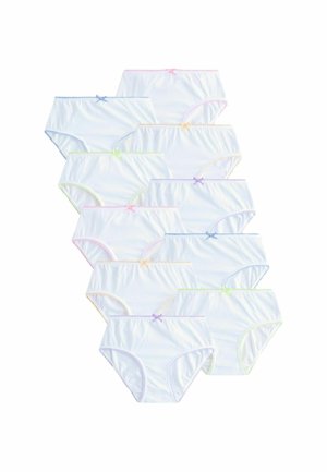 Chiloți din bumbac alb cu brâie și fundițe contrastante în nuanțe de roz, albastru, galben și verde. Prezintă un design clasic de tip brief.