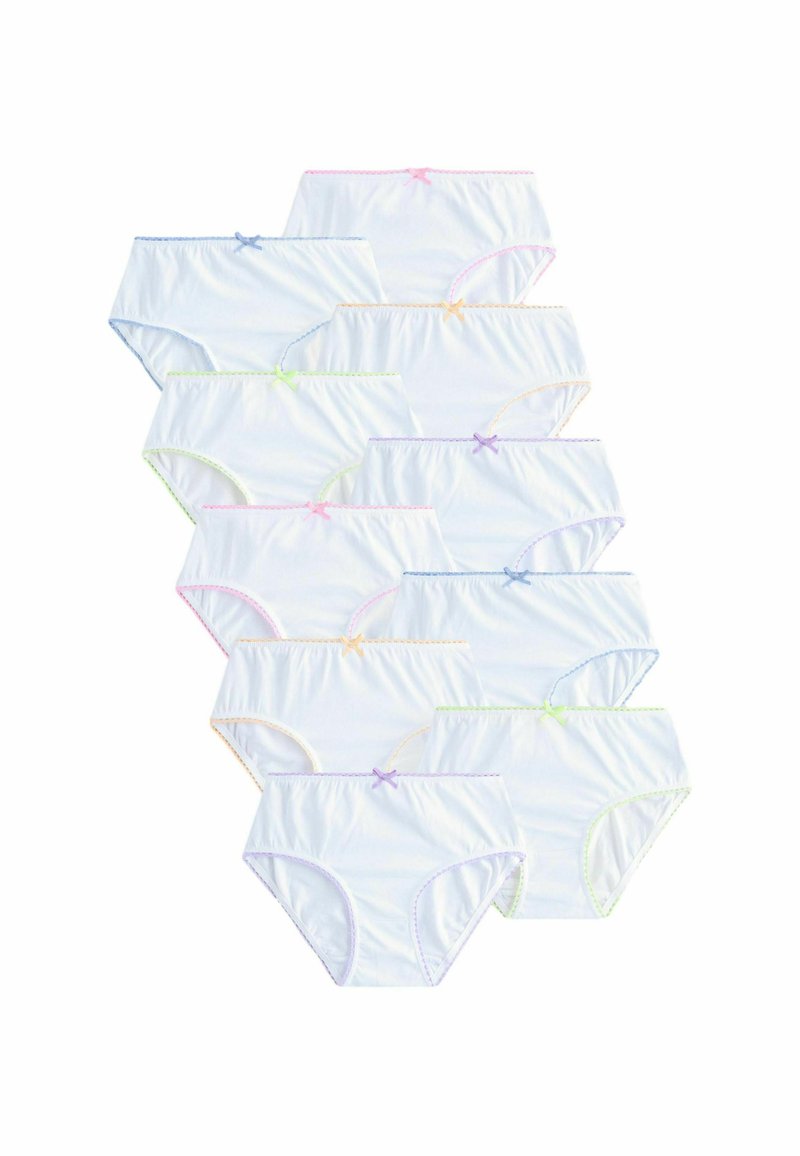 Mutande in cotone bianco con fasce in colore pastello a contrasto e fiocchetti in rosa, blu, giallo e verde. Presentano un design classico a slip.