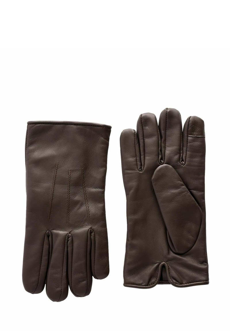 Braune Lederhandschuhe mit glatter Textur; sie verfügen über drei dekorative Nähte auf dem Handrücken und ein nahtloses Design für den Daumen.