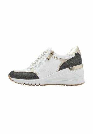 Sneakers albe și negre cu accente aurii; upper texturat; închidere cu șireturi și fermoar pe lateral; toc wedge; detalii cu model pe vârful pantofilor.