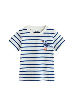 Striped short-sleeve t-shirt in white and blue with a round neckline. Features a bird appliqué on the chest. Soft, cotton fabric.
