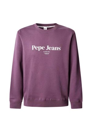 Purple sweatshirt made of cotton, featuring white "Pepe Jeans" logo on the front, ribbed cuffs, and a crew neckline.