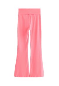High-waisted pink stretchy pants with wide flared legs and a smooth waistband, displayed against a white background.