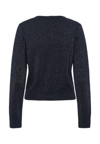 Pulover bleumarin cu un finisaj texturat, strălucitor. Are mâneci lungi și un gât rotund, fiind conceput cu o siluetă ajustată.