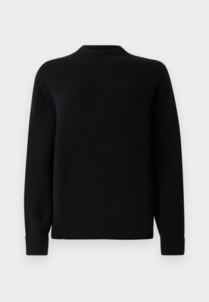 Sort sweater med høj krave, lange ærmer og ribbede manchetter. Glat tekstur med et enkelt, ensfarvet design. Ingen synlige mønstre eller accenter.
