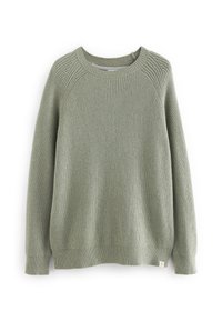 Lichtgroene gebreide trui met een geribbelde textuur, ronde halslijn en lange mouwen. Heeft een etiket aan de onderzijde. Eenvoudig en casual ontwerp.