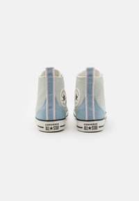 Höga kanvas sneakers i ljusblått och krämfärgat. Har rosa och vita vertikala ränder, gummisulor och Converse-logotyp på hälen.