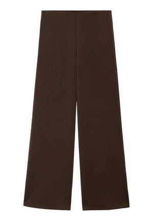 Kalhoty s širokými nohavicemi vyrobené z hladkého tmavě hnědého materiálu. Mají vysoký pas a minimalistický design bez ozdob.