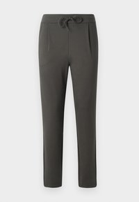 Mörkgrå svettbyxor gjorda av mjukt material, med dragsko i midjan, två sidofickor och en avsmalnande bendesign.