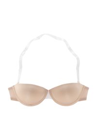Reggiseno imbottito beige con tessuto liscio, supporto con ferretto e spalline bianche regolabili. Presenta coppe senza cuciture e una chiusura con gancio e occhiello.