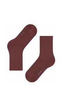 Calze di cotone bordeaux con una texture liscia, lunghezza a metà polpaccio e risvolto lavorato; presenta un branding sottile sulla suola in grigio.