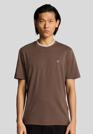 T-shirt in cotone marrone con maniche corte, scollatura rotonda a costine con dettagli bianchi e piccolo logo sul petto.