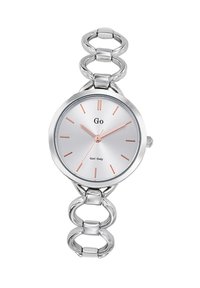 Montre-bracelet argentée avec un cadran circulaire, un cadran argenté et des index en or rose. Elle dispose d'un bracelet à maillons.