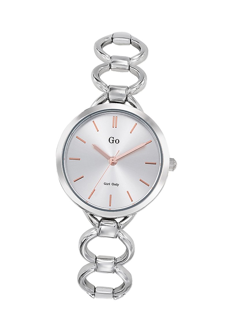 Montre-bracelet argentée avec un cadran circulaire, un cadran argenté et des index en or rose. Elle dispose d'un bracelet à maillons.