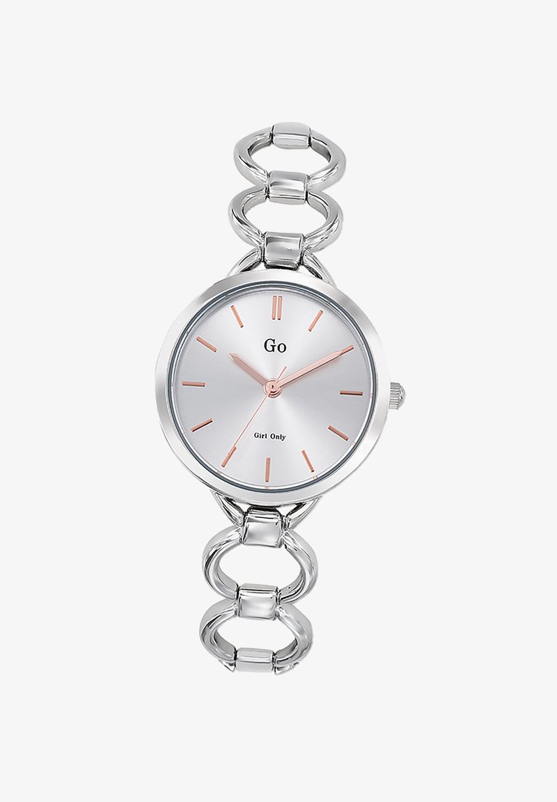 Montre-bracelet argentée avec un cadran circulaire, un cadran argenté et des index en or rose. Elle dispose d'un bracelet à maillons.