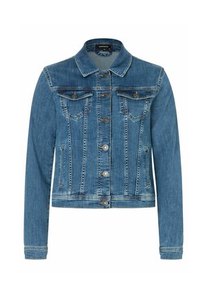 Jeansjacke mit klassischem Kragen, vorderem Knopfverschluss, zwei Brusttaschen, einem verwitterten blauen Finish und langen Ärmeln mit Manschettenverzierungen.