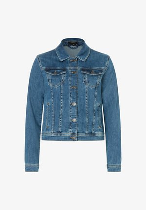 Jeansjacke mit klassischem Kragen, vorderem Knopfverschluss, zwei Brusttaschen, einem verwitterten blauen Finish und langen Ärmeln mit Manschettenverzierungen.