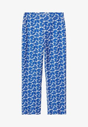 Blaue und weiße gemusterte Hosen mit floralem Design, gefertigt aus leichtem Stoff, mit geradem Bein und elastischem Bund.