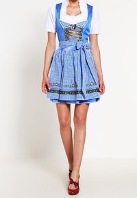 Blå och vit rutig klänning med spetsdetaljer, korsettliknande midja och blommiga accenter. Inkluderar ett matchande förkläde och band i midjan. Röda skor.