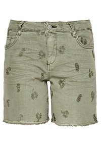 Shorts en denim vert avec des motifs de ananas brodés, ourlet effiloché, cinq poches et bouton de fermeture à la taille.
