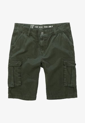 Grüne Cargo-Shorts aus Baumwollmaterial mit flachem Bund, zwei Seitentaschen und zwei Cargo-Taschen. Verfügt über Gürtelschlaufen und einen Knopfverschluss.