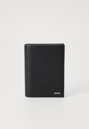 Black leather wallet with a textured finish, bi-fold design, and silver "BOSS" logo on the bottom right corner.