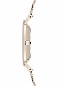 Runde Uhr mit einem metallischen roségoldenen Gehäuse, glatter Oberfläche und einem strukturierten Gliederarmband. Verfügt an der Seite über eine Krone zum Einstellen der Zeit.