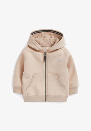Beige hættetrøje til småbørn med frontlynlås, to kængurulommer, ribstrikkede manchetter og kant, hætte foret med textureret stof og lille dinosaur-logo.