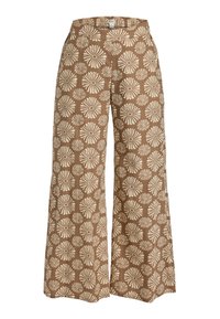Pantaloni largi maro cu un model floral în nuanță de crem. Material ușor, cu un brâu elastic pentru confort.
