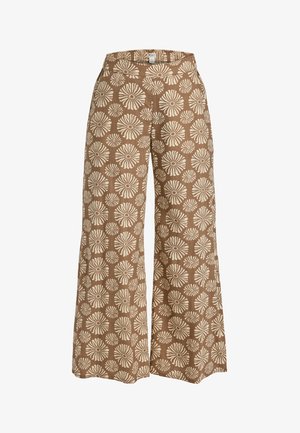 Braune weit geschnittene Hose mit einem floralen Muster in Creme. Leichter Stoff mit einem elastischen Bund für zusätzlichen Komfort.