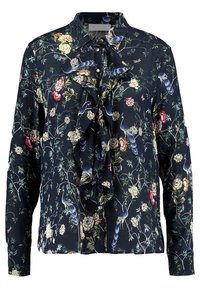 Blusa a stampa floreale in tessuto blu navy, con un fronte arricciato, maniche lunghe, chiusura a bottoni e dettagli con uccelli e fiori.