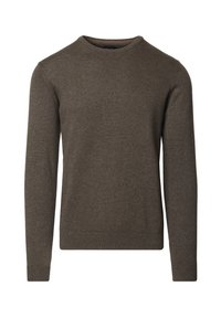 Brązowy sweter dziergany z okrągłym dekoltem, długimi rękawami oraz ściągaczem na dole. Materiał wydaje się miękki i lekki, odpowiedni do nakładania warstw.