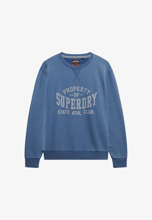 Blauwe sweatshirt van een katoenmix met een ronde halslijn en geribbelde manchetten. Heeft een witte grafische print met de tekst "PROPERTY OF SUPERDRY."
