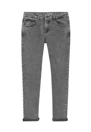 Jean en denim gris avec une coupe slim, comprenant cinq poches, passants de ceinture et revers. Le tissu a une texture subtile et un poids moyen.