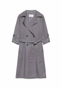 Helles grauer Trenchcoat aus glattem Stoff. Mit einem doppelt knöpfbaren Design, tailliertem Gürtel und hochgeschlagenen Ärmeln mit Knopfakzenten.