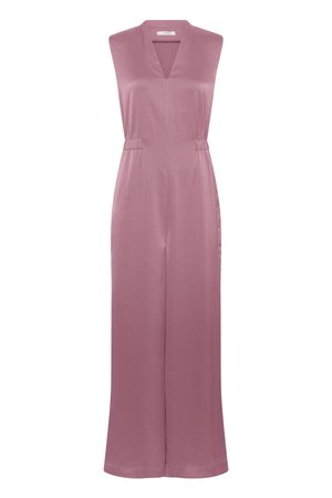 Combinaison mauve sans manches avec col en V et taille élastiquée, pantalon à jambes larges, tissu au toucher lisse.