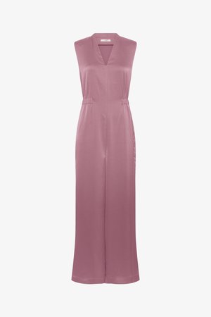 Combinaison mauve sans manches avec col en V et taille élastiquée, pantalon à jambes larges, tissu au toucher lisse.