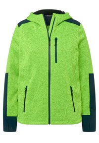 Giacca in pile verde con cappuccio, dotata di accenti blu scuro sulle spalle e tasche. Include una zip sul davanti e tasche laterali. Tessuto morbido.
