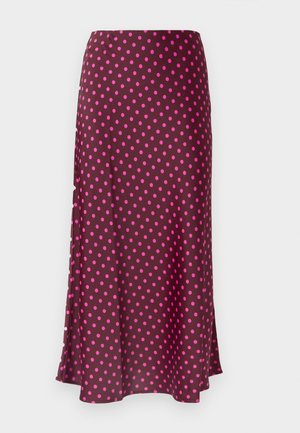 Lilla midi-nederdel med pink prikkede mønstre, glat satin tekstur, sideslidsdetalje for bevægelse, og en tætsiddende talje for et skræddersyet look.