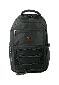 Sac à dos en tissu noir avec plusieurs compartiments zippés, poches latérales en maille et accents tressés décoratifs sur le devant.